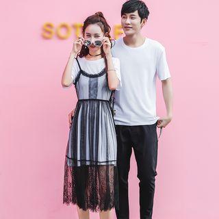Couple Matching Short-sleeve T-shirt / Spaghetti Strap Midi Dress