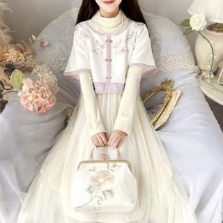 Short-sleeve Embroidered Light Jacket / Long-sleeve Midi A-line Dress