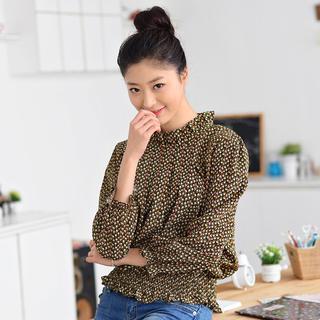 Long-sleeve Floral Smocked-waist Top
