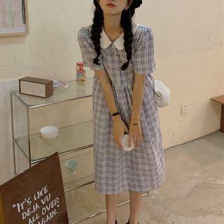 Short-sleeve Plaid Midi A-line Dress Plaid - Dark Blue & White - One Size