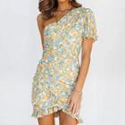 Short-sleeve One-shoulder Floral Asymmetrical Mini Bodycon Dress