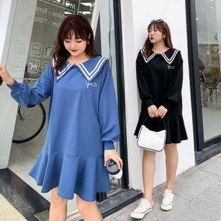 Collared Long-sleeve Ruffle Hem A-line Dress