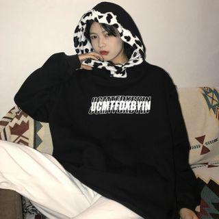 Milk Cow Print Panel Lettering Hoodie