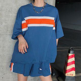 Set: Elbow-sleeve Drawstring T-shirt + Wide-leg Shorts