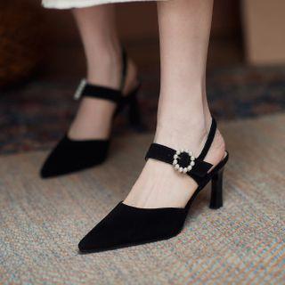 Rhinestone Genuine Leather Slingback Pumps