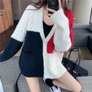 Color Block Cardigan Red & White - One Size