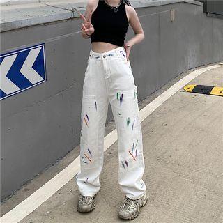 High Waist Splash Print Loose Fit Jeans