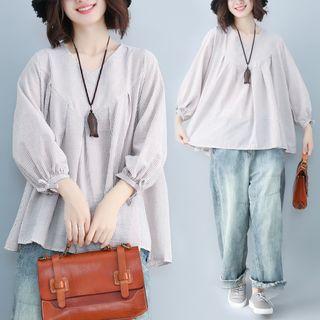 Plain V-neck 3/4-sleeve T Shirt Almond - F