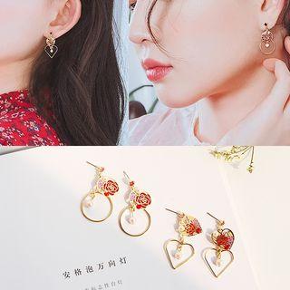 Alloy Flower Faux Pearl Hoop / Heart Dangle Earring