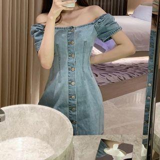 Off-shoulder Mini Denim Sheath Dress