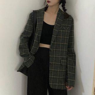 Plaid Single-breasted Blazer Plaid - Green - One Size