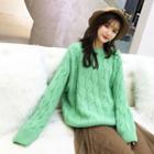 Plain Cable-knit Puff-sleeve Loose-fit Sweater