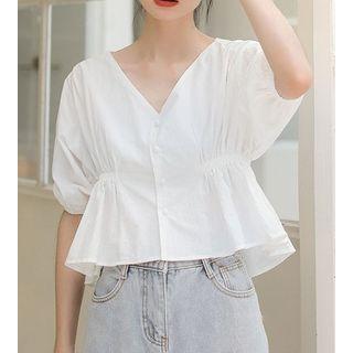 Short-sleeve V-neck Plain Top White - One Size