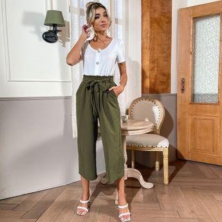 Set: Short-sleeve Button-up T-shirt + Straight Leg Cropped Pants