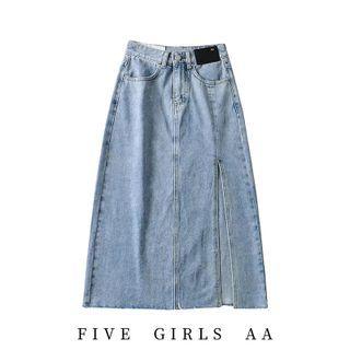 Slit-hem Washed Denim Midi A-line Skirt
