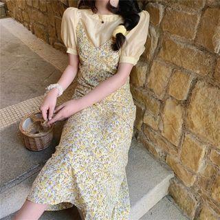 Short-sleeve Plain Blouse / Flower Print Midi Overall Dress