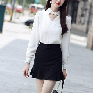 Cut Out Long-sleeve Chiffon Blouse