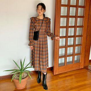 Frill-trim Long Plaid Dress