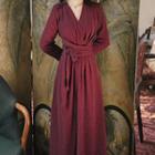 Glitter Tie-waist Long-sleeve A-line Midi Dress