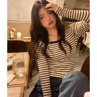 Long-sleeve Striped T-shirt Black & Beige - One Size