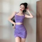 Set: Halter Neck Crop Top + Fitted Mini Skirt Purple - One Size