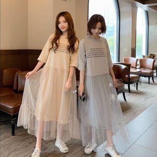 Elbow-sleeve Lettering Mesh Panel Maxi Dress