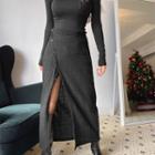 Deep-slit Button-trim Maxi Skirt