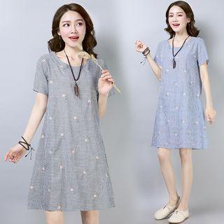 Floral Embroidered Short-sleeve Striped Shift Dress