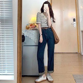 Set: Short-sleeve Striped Polo Shirt + High Waist Straight Leg Jeans