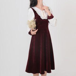 Mock Two-piece Puff-sleeve Midi Velvet Dress