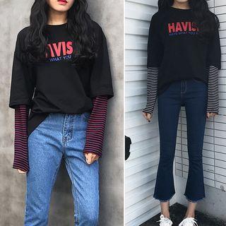 Inset Striped Long-sleeve Lettering Top
