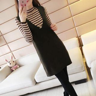 Set: Long-sleeve Striped Knit Top + Sleeveless Slit-back Dress