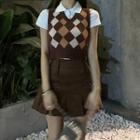 Knit Vest / Short-sleeve Polo Shirt / Mini A-line Skirt