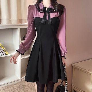 Inset Blouse Swing Dress With Ribbon Purple - One Size