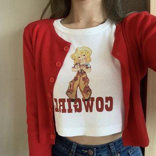 Button Cardigan / Short-sleeve Printed T-shirt