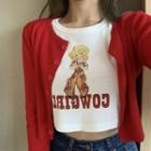 Button Cardigan / Short-sleeve Printed T-shirt