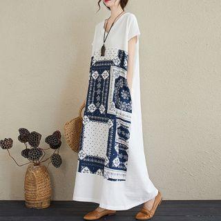 Patterned Short-sleeve Maxi Linen T-shirt Dress White - One Size