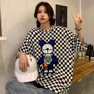 Elbow-sleeve Checkered Bear Print T-shirt
