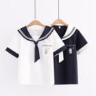 Short-sleeve Sailor Collar Cartoon Print Top / Pleated Mini A-line Skirt