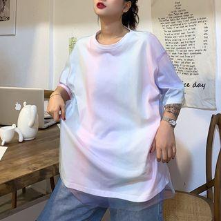 Elbow-sleeve Mesh Overlay T-shirt