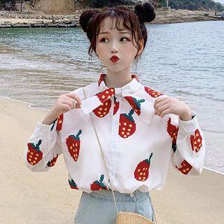 Long-sleeve Strawberry-print Tie-neck Shirt