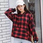 Front Pocket Checked Hoodie Plaid - Red - One Size