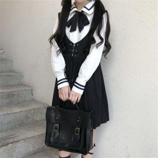 Long-sleeve Tie-neck Shirt / Mini A-line Pinafore Dress