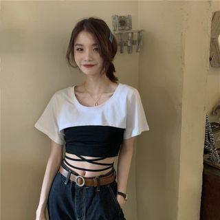 Set: Strappy Camisole Top + Short-sleeve Cropped T-shirt Camisole Top - Black - One Size / T-shirt - White - One Size