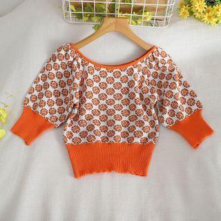 Floral Short-sleeve Knit Top Orange - One Size