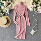 Long-sleeve Turtle-neck Midi Sheath Knit Dress