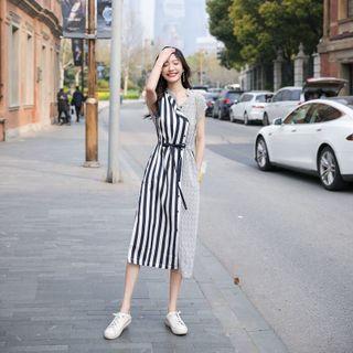 Striped Panel Semi Split-neck Cotton Linen Dress
