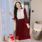 Long-sleeve Two-tone Button-up Midi A-line Dress