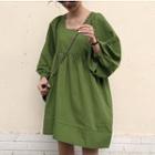 Square-neck Long-sleeve A-line Dress Green - One Size