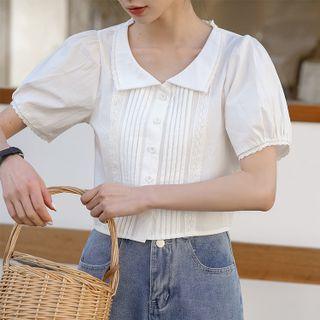 Short-sleeve Collared Pintuck Blouse